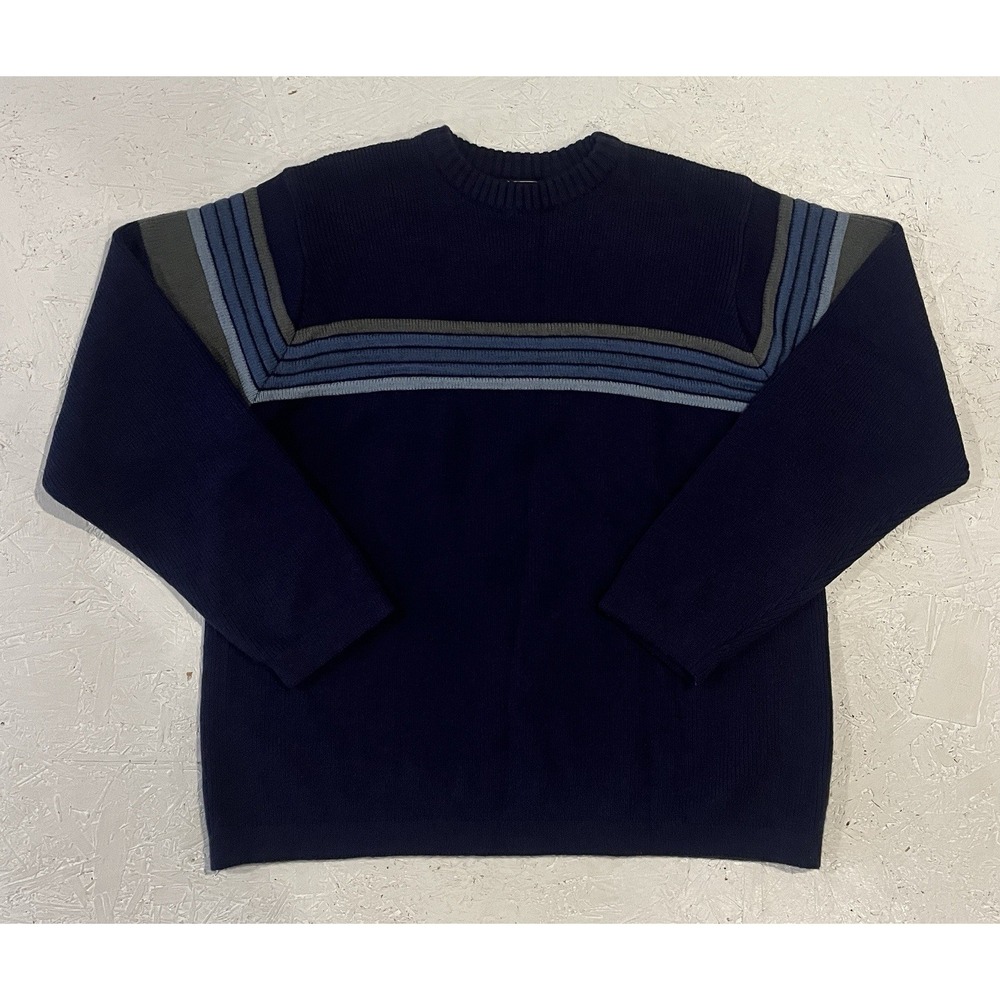 Vintage Route 66 Ribbed Sweater Pullover‎ Mens Small Striped Blue Gray Knit